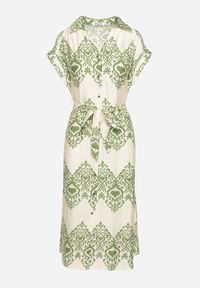 Born2be - Zielono-Beżowa Taliowana Sukienka Boho z Wiskozą Wiązana w Talii Paskiem Losofia. Okazja: na co dzień. Typ kołnierza: dekolt w kształcie V. Kolor: zielony. Materiał: wiskoza. Długość rękawa: krótki rękaw. Wzór: aplikacja. Sezon: lato. Styl: boho #5