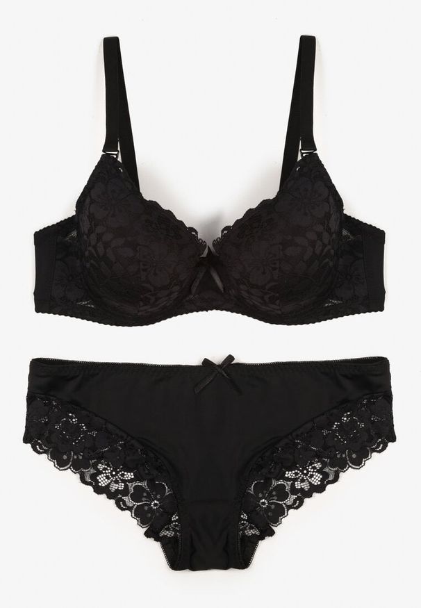 Born2be - Czarny Klasyczny Komplet Biustonosz i Majtki Figi z Koronką Ezilene. Kolor: czarny. Materiał: koronka. Wzór: koronka