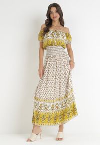 Born2be - Żółta Bawełniana Sukienka Maxi z Hiszpańskim Dekoltem i Gumką w Talii Jatza. Typ kołnierza: dekolt hiszpanka. Kolor: żółty. Materiał: bawełna. Długość rękawa: krótki rękaw. Sezon: wiosna, lato. Długość: maxi #2