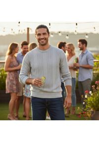 Lekki, Męski Sweter Bawełniany - Pako Jeans - Jasny Popiel, Faktura Materiału. Okazja: na spotkanie biznesowe, do pracy. Materiał: bawełna. Styl: biznesowy, klasyczny #4