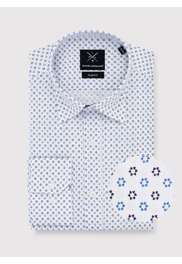 Pako Lorente - PAKO LORENTE – Biała koszula niebieskie trójkąty. Okazja: na co dzień, na imprezę. Typ kołnierza: button down. Kolor: niebieski, biały, wielokolorowy. Długość: długie. Wzór: gładki, nadruk, kwiaty. Materiał: tkanina, elastan, włókno, materiał, bawełna, skóra, jeans. Długość rękawa: długi rękaw. Sezon: wiosna, lato. Styl: casual, elegancki