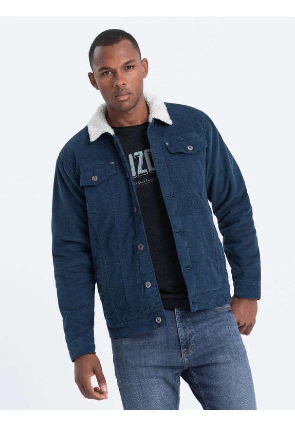 Ombre Clothing - Kurtka męska sztruksowa typu sherpa - granatowa V8 - Rozmiar: L. Kolor: niebieski. Materiał: sztruks. Sezon: jesień, zima. Styl: klasyczny