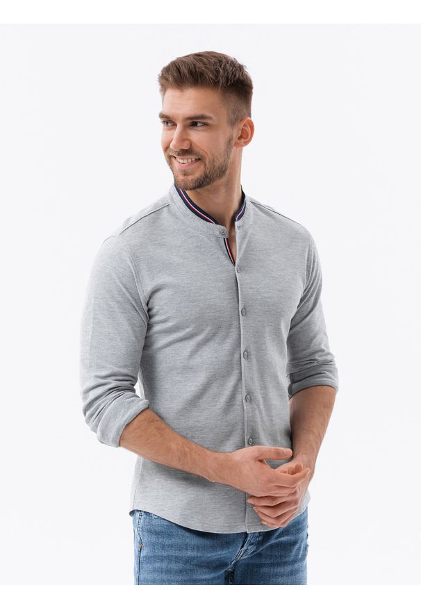 Ombre Clothing - Bawełniana męska koszula SLIM FIT ze stójką w kolorowe paski – szara V5 - Rozmiar: M. Okazja: na co dzień. Typ kołnierza: kołnierzyk stójkowy. Kolor: czarny. Materiał: bawełna. Długość: długie. Wzór: kolorowy, paski. Styl: casual