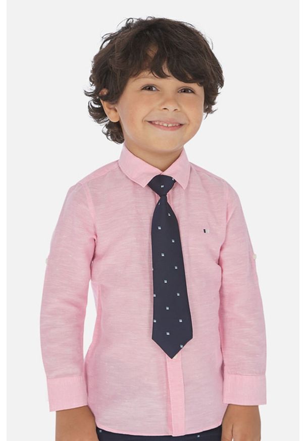 Mayoral - Koszula dziecięca 92-134 cm. Okazja: na co dzień. Kolor: różowy. Materiał: tkanina, bawełna, len, materiał. Długość: długie. Wzór: gładki. Styl: casual