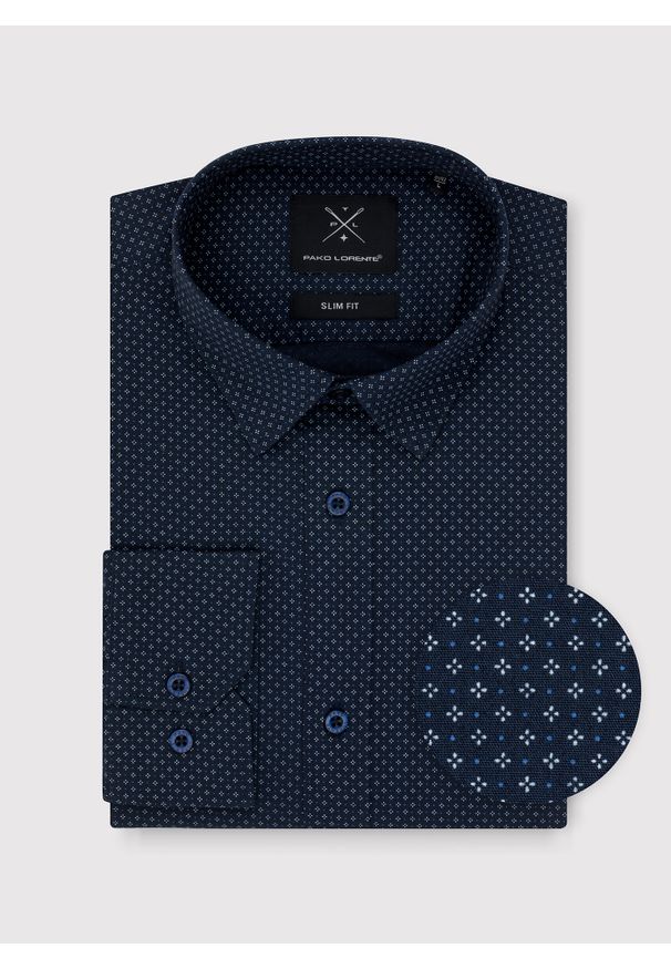 Pako Lorente - PAKO LORENTE – Granatowa koszula męska w mikrowzór. Kolor: niebieski. Materiał: bawełna, elastan. Długość rękawa: długi rękaw. Długość: długie. Sezon: zima, jesień