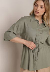 Born2be - Zielona Koszula z Bawełną i Lnem Ozdobiona Wycięciami i Ściągana w Pasie Harwinds. Okazja: do pracy, na co dzień. Kolor: zielony. Materiał: bawełna, len. Wzór: aplikacja. Styl: klasyczny, casual #3