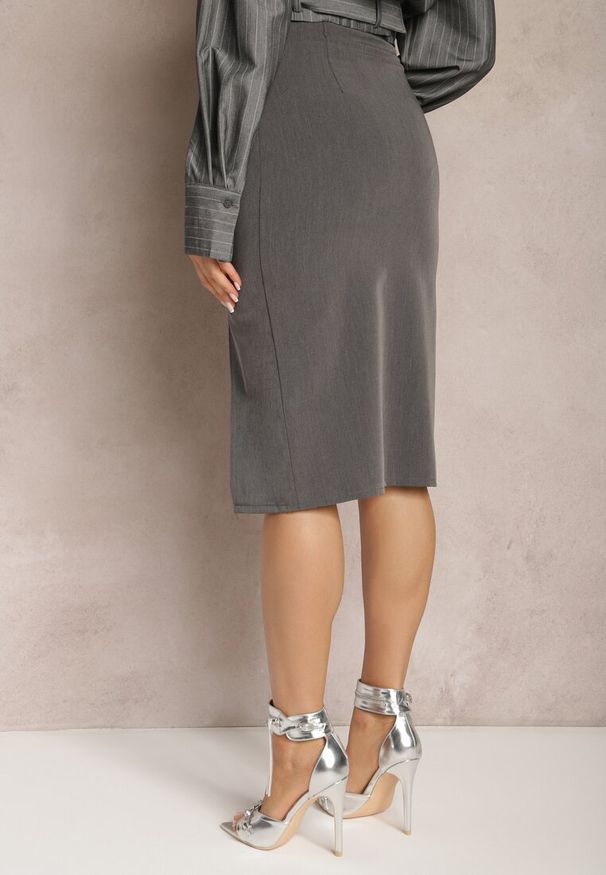 Renee - Szara Ołówkowa Spódnica Midi z Rozcięciem Arathora. Kolor: szary