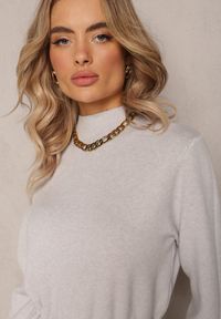 Renee - Jasnoszara Sweterkowa Sukienka Pudełkowa ze Ściągaczem Helmineka. Kolor: szary. Materiał: dzianina. Długość: midi #3