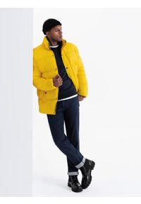 Ombre Clothing - Kurtka męska typu puffer z podszewką w kratę – żółta V3 - Rozmiar: M. Kolor: żółty. Materiał: guma, poliester, materiał, bawełna, syntetyk, nylon. Długość: długie. Wzór: aplikacja