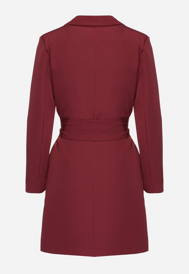 Born2be - Bordowa Marynarka Sukienkowa z Paskiem i Usztywnionymi Ramionami Etinella. Okazja: na co dzień, na spotkanie biznesowe. Kolor: czerwony. Materiał: jeans. Długość rękawa: długi rękaw. Typ sukienki: proste. Styl: elegancki, casual, klasyczny, biznesowy