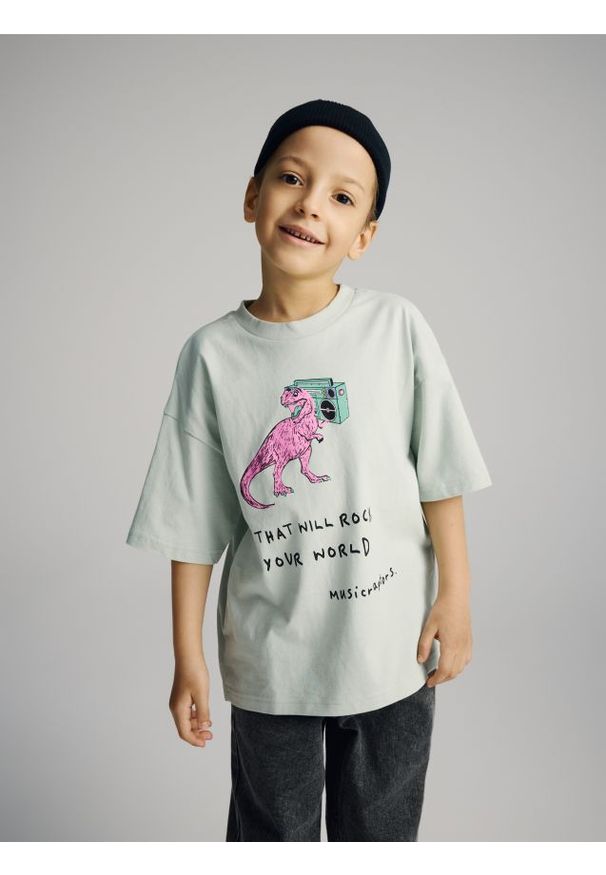 Reserved - Bawełniany t-shirt z nadrukiem - jasnozielony. Kolor: zielony. Materiał: bawełna. Wzór: nadruk