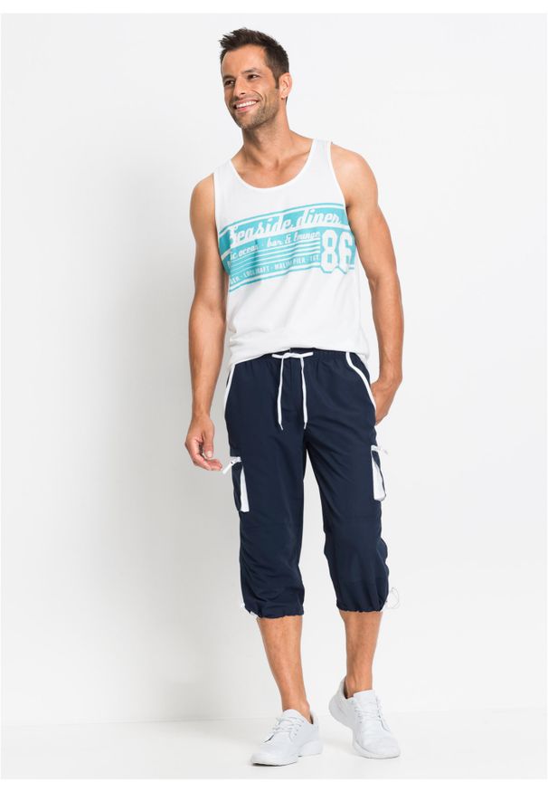 bonprix - Spodnie 3/4 z mikrofazy, z gumką w talii. Kolor: niebieski. Styl: sportowy