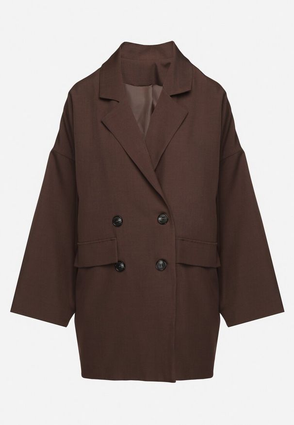 Born2be - Brązowa Marynarka Oversize Dwurzędowa z Imitacją Kieszeni Tinnielle. Okazja: na co dzień. Kolor: brązowy. Materiał: jeans. Styl: wizytowy, casual