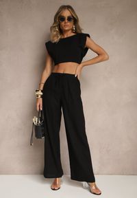 Renee - Czarne Spodnie z Lnem o Szerokim Kroju z Gumką w Talii Filarive. Okazja: na co dzień. Kolor: czarny. Materiał: len. Sezon: lato, wiosna. Styl: elegancki, casual