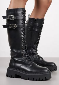Renee - Czarne Kozaki Typu Workery Vices w Stylu Grunge ze Sprzączkami Eosette. Okazja: na imprezę, na co dzień. Zapięcie: sprzączka. Kolor: czarny. Materiał: jeans, skóra. Szerokość cholewki: normalna. Obcas: na platformie. Styl: casual