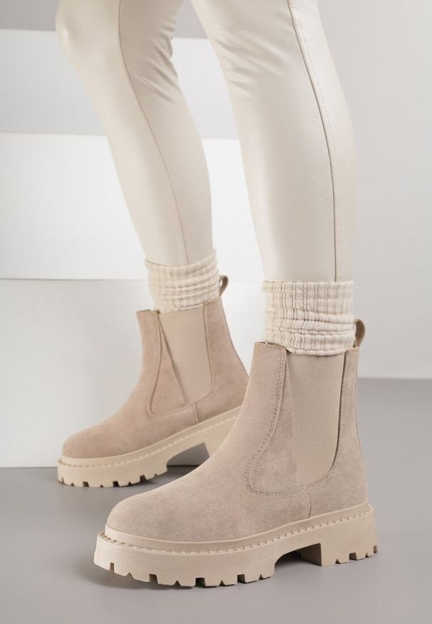 Born2be - Beżowe Botki Sztyblety na Platformie Oppore. Okazja: na co dzień. Kolor: beżowy. Materiał: jeans. Obcas: na platformie. Styl: elegancki, casual, rockowy, wizytowy. Wysokość obcasa: średni