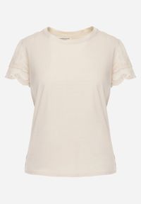 Born2be - Beżowy Bawełniany T-shirt z Koronkowymi Rękawami Carilynore. Okazja: na co dzień. Kolor: beżowy. Materiał: bawełna, koronka. Styl: elegancki, klasyczny, casual #6