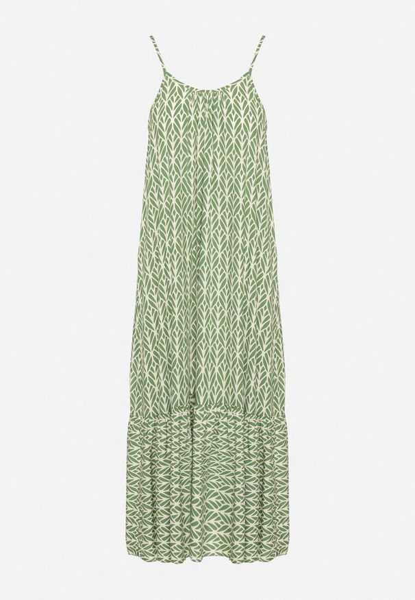 Born2be - Zielona Bawełniana Sukienka Rozkloszowana z Geometrycznym Wzorem Niladora. Okazja: na co dzień. Kolor: zielony. Materiał: bawełna. Długość rękawa: na ramiączkach. Wzór: geometria. Sezon: lato. Styl: casual