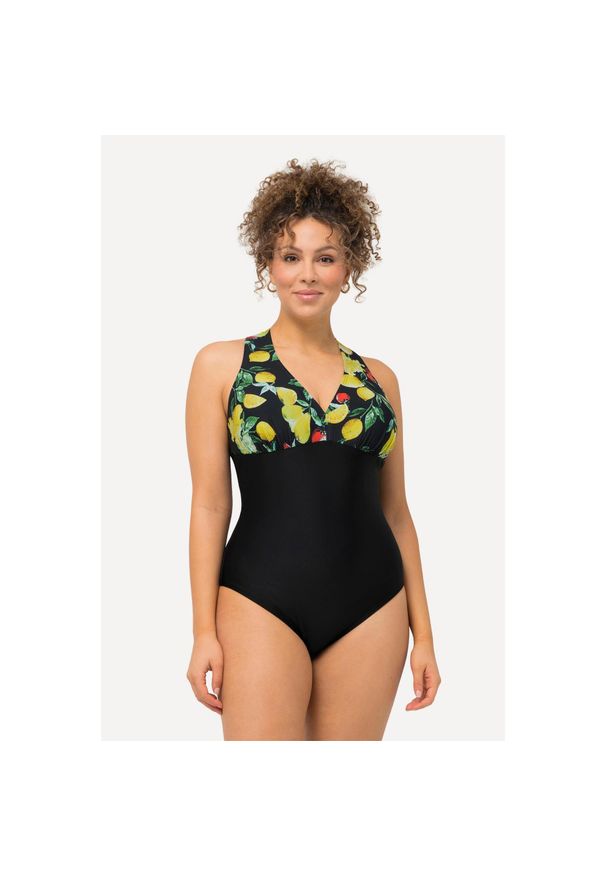 ULLA POPKEN - Damski Kostium kąpielowy cytryny miękkie miseczki makramowa wstawka. Kolekcja: plus size. Kolor: czarny. Materiał: elastan, poliamid, materiał