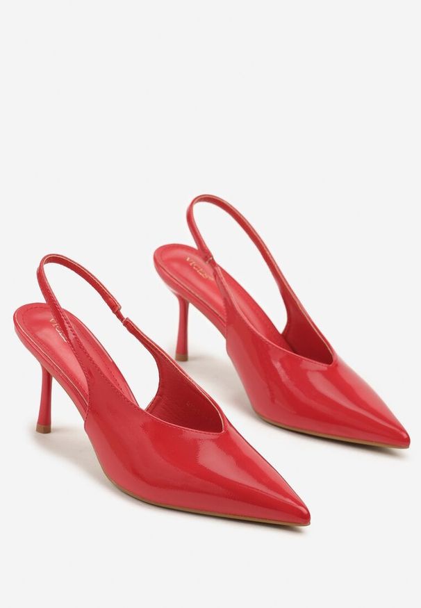 Renee - Czerwone Czółenka Sandały Slingback Vices na Obcasie Typu Szpilka Tilionea. Okazja: na wesele, na ślub cywilny. Kolor: czerwony. Materiał: jeans. Obcas: na obcasie. Styl: elegancki. Wysokość obcasa: średni