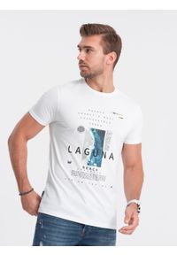 Ombre Clothing - T-shirt męski bawełniany z nadrukiem - biały V1. Kolor: biały. Materiał: bawełna. Długość rękawa: krótki rękaw. Długość: krótkie. Wzór: nadruk. Styl: klasyczny