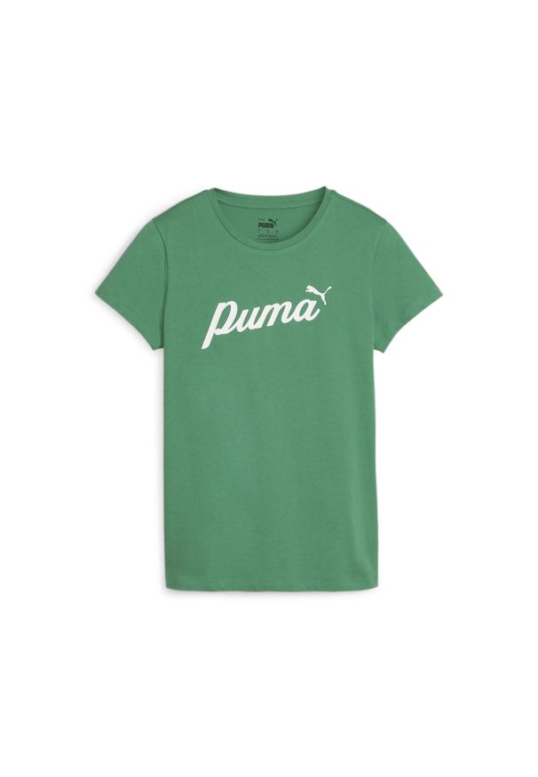 Koszulka Sportowa Damska Puma Ess+ Script. Kolor: zielony. Materiał: bawełna. Wzór: aplikacja