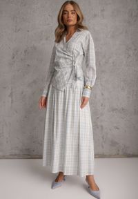 Renee - Niebieski Bawełniany Komplet Rozkloszowana Spódnica i Bluzka z Wiązaniem Allisa. Kolor: niebieski. Materiał: bawełna. Wzór: kratka #1