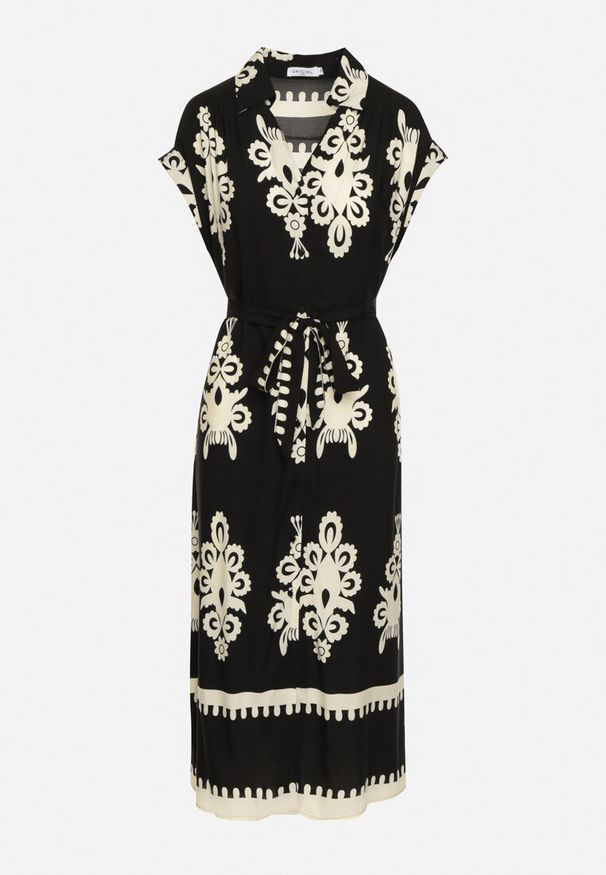 Born2be - Czarna Rozkloszowana Sukienka w Stylu Boho Zapinana na Guziki z Materiałowym Paskiem Inferi. Typ kołnierza: dekolt w serek. Kolor: czarny. Materiał: materiał. Długość rękawa: krótki rękaw. Styl: boho