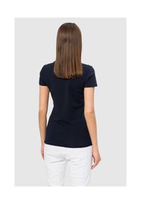 Emporio Armani - EMPORIO ARMANI Granatowy t-shirt damski z kryształkami, Rozmiar XS. Kolor: niebieski. Materiał: prążkowany, bawełna