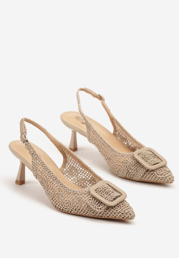 Renee - Ciemnobeżowe Sandały na Kaczuszce Typu Slingback z Klamrą Talimea. Zapięcie: klamry. Kolor: beżowy. Sezon: lato, wiosna. Obcas: na szpilce. Styl: elegancki