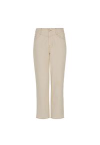 Ochnik - Kremowe spodnie damskie z wysokim stanem. Stan: podwyższony. Kolor: biały. Materiał: bawełna. Wzór: aplikacja #4