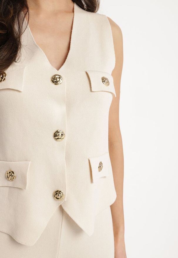 Born2be - Jasnobeżowy Komplet z Wiskozą w Eleganckim Stylu Kamizelka i Szerokie Spodnie Koririnea. Kolor: beżowy. Materiał: wiskoza. Wzór: aplikacja