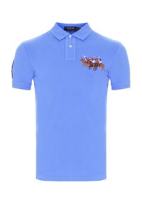 Ralph Lauren - RALPH LAUREN - Niebieska koszulka polo Custom Slim Fit. Typ kołnierza: polo. Kolor: niebieski. Materiał: prążkowany. Długość: długie. Wzór: aplikacja, haft. Styl: klasyczny