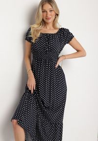 Born2be - Granatowa Sukienka z Bawełną w Kropki Ellisla. Okazja: na co dzień. Kolor: niebieski. Materiał: bawełna. Wzór: kropki. Styl: casual, elegancki #3