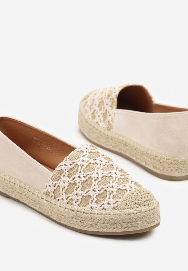 Born2be - Beżowe Espadryle z Plecionym Sznurkiem i Geometrycznym Wzorem Sdivira. Okazja: na co dzień. Kolor: beżowy. Materiał: jeans. Wzór: geometria. Obcas: na obcasie. Styl: elegancki, casual. Wysokość obcasa: niski
