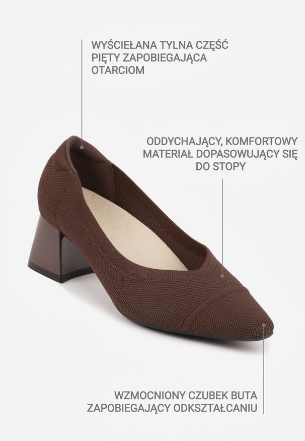 Renee - Brązowe Czółenka VICES na Niskim Obcasie z Elastycznej Dzianiny z Amortyzującą Wkładką Zaehira. Nosek buta: szpiczasty. Kolor: brązowy. Materiał: dzianina. Szerokość cholewki: normalna. Obcas: na obcasie. Wysokość obcasa: niski