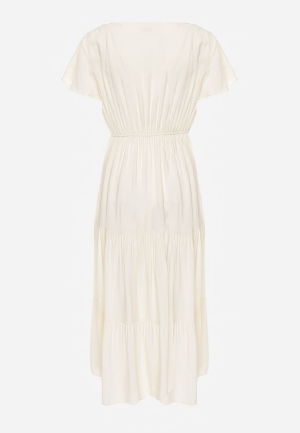 Renee - Jasnobeżowa Sukienka z Wiskozy o Rozkloszowanym Kroju z Falbanami Jonmy. Okazja: na co dzień. Typ kołnierza: dekolt w serek. Kolor: beżowy. Materiał: wiskoza. Długość rękawa: krótki rękaw. Wzór: aplikacja. Sezon: lato. Styl: casual, elegancki