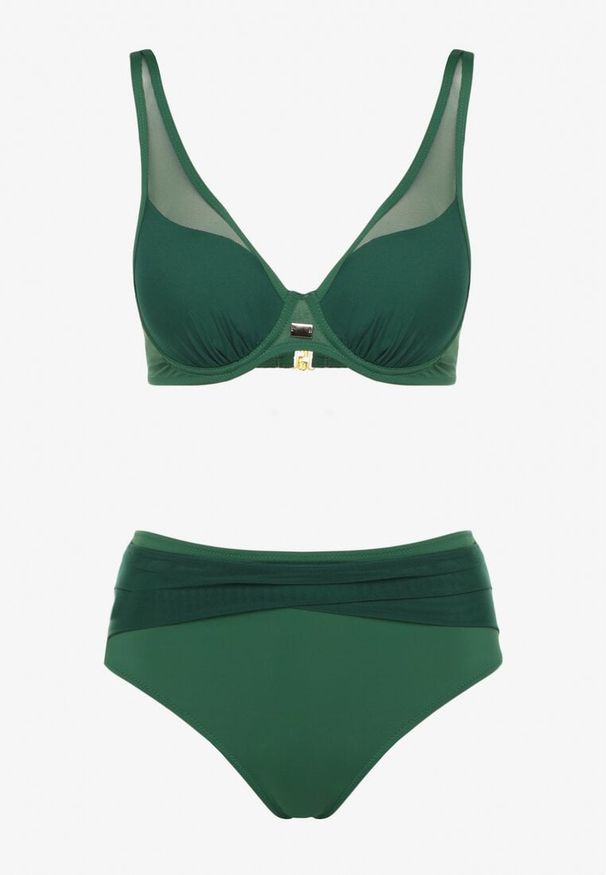 Born2be - Ciemnozielone Bikini Biustonosz i Majtki Figi Zdobione Siateczką Linaravia. Kolor: zielony. Wzór: aplikacja