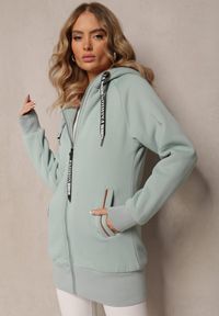Renee - Miętowa Długa Bluza z Ocieplaną Podszewką i Taśmami z Napisami Filioppa. Kolor: miętowy. Materiał: dzianina. Długość: długie. Wzór: napisy. Sezon: zima, jesień #4
