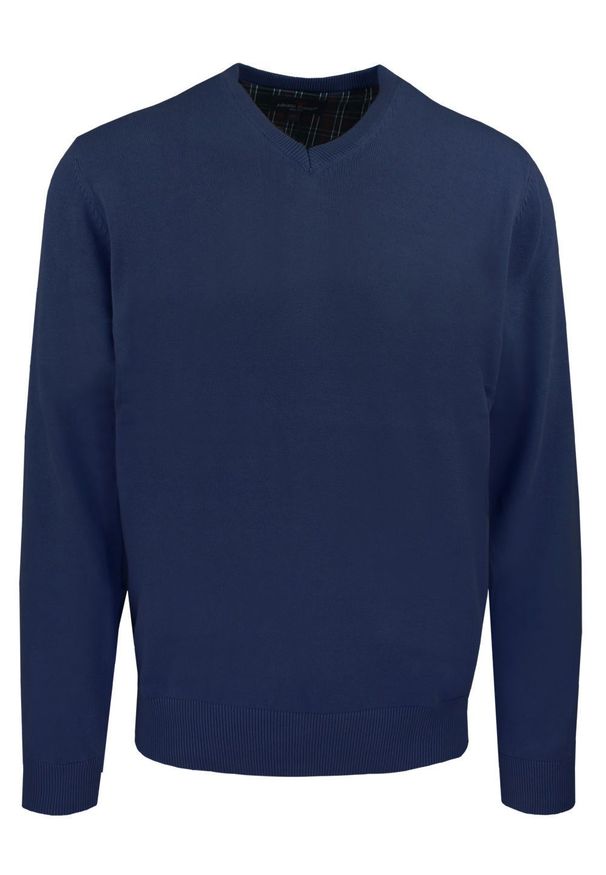 Męski, Bawełniany Sweter w Serek (V-neck) - Adriano Guinari - Granat. Okazja: do pracy, na co dzień, na spotkanie biznesowe. Typ kołnierza: dekolt w serek. Kolor: niebieski. Materiał: bawełna. Styl: klasyczny, casual, elegancki, biznesowy