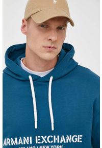 Armani Exchange bluza bawełniana męska kolor niebieski z kapturem z nadrukiem. Typ kołnierza: kaptur. Kolor: niebieski. Materiał: bawełna. Wzór: nadruk #4