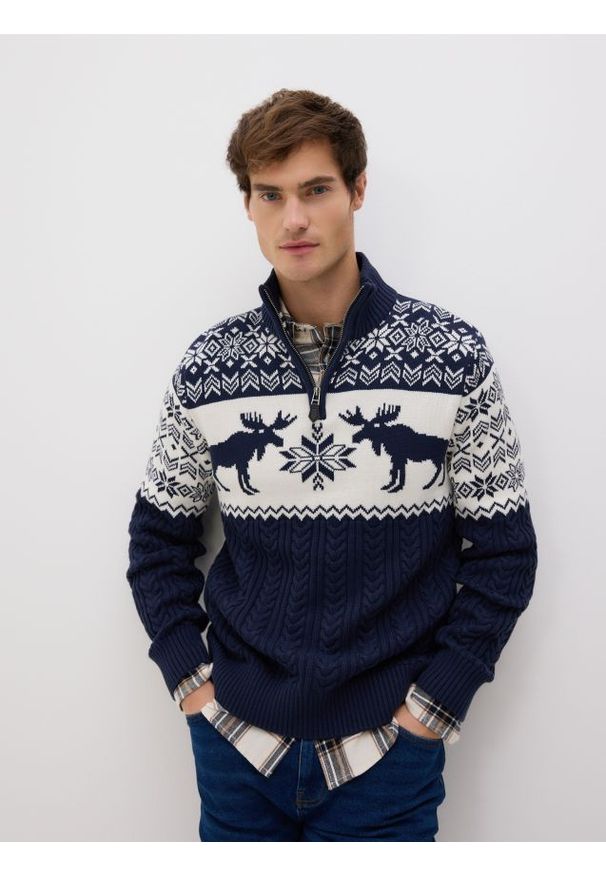 Reserved - Sweter z golfem - granatowy. Typ kołnierza: golf. Kolor: niebieski. Materiał: dzianina, bawełna