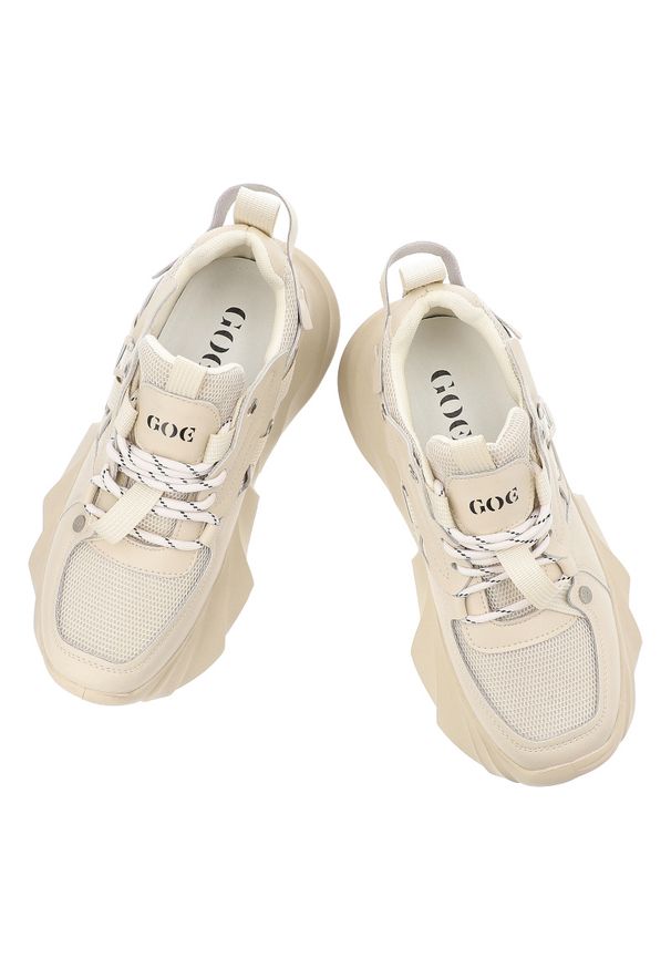Sneakersy damskie GOE, cholewka ze skóry ekologicznej i materiałowej siateczkowe panele klasyczne wiązanie, beżowe, TT2N4012. Okazja: na co dzień. Zapięcie: sznurówki. Kolor: beżowy. Materiał: materiał, skóra ekologiczna. Szerokość cholewki: normalna. Styl: klasyczny