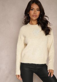 Renee - Beżowy Sweter z Wełną z Ozdobnymi Cyrkoniami Nomila. Okazja: na co dzień. Kolor: beżowy. Materiał: wełna. Wzór: kwiaty. Styl: glamour, elegancki, casual