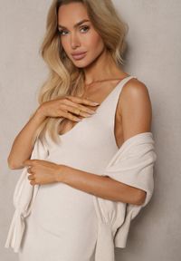 Renee - Jasnobeżowy Komplet z Prążkowanej Dzianiny Golf z Bufiastymi Rękawami i Sukienka na Ramiączkach Belianora. Kolor: beżowy. Materiał: dzianina, prążkowany #3