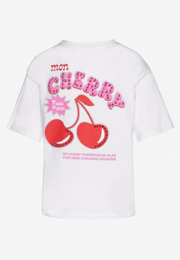 Born2be - Biały T-shirt z Bawełną Cyrkoniami i Motywem Wiśni Linmira. Okazja: na co dzień. Kolor: biały. Materiał: bawełna. Styl: casual, elegancki