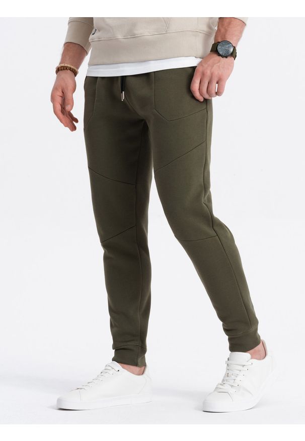 Ombre Clothing - Spodnie męskie dresowe joggery - oliwkowe V2 OM-PASK-22FW-008 - XXL. Kolor: oliwkowy. Materiał: dresówka. Wzór: geometria