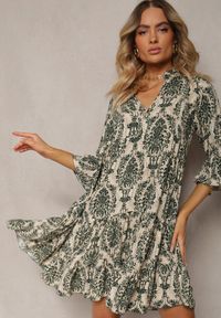 Renee - Zielona Sukienka z Bawełny o Rozkloszowanym Kroju Wykończona Falbanką Niloa. Typ kołnierza: kołnierz z falbankami. Kolor: zielony. Materiał: bawełna. Sezon: lato, wiosna. Typ sukienki: rozkloszowane. Styl: elegancki