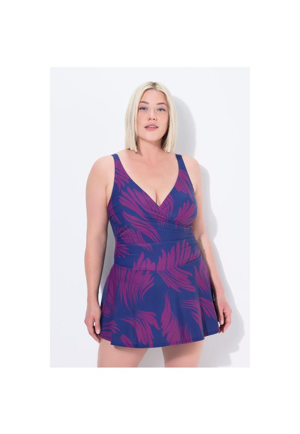 ULLA POPKEN - Damska Sukienka Kąpielowa z szortami miękkie miseczki drapowanie. Kolekcja: plus size. Kolor: niebieski. Materiał: poliester, elastan, poliamid, materiał