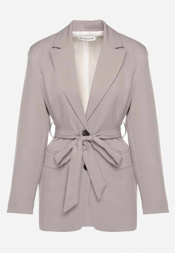Born2be - Szara Jednorzędowa Marynarka z Paskiem i Usztywnionymi Ramionami Diomella. Okazja: na co dzień. Kolor: szary. Materiał: jeans. Styl: elegancki, casual